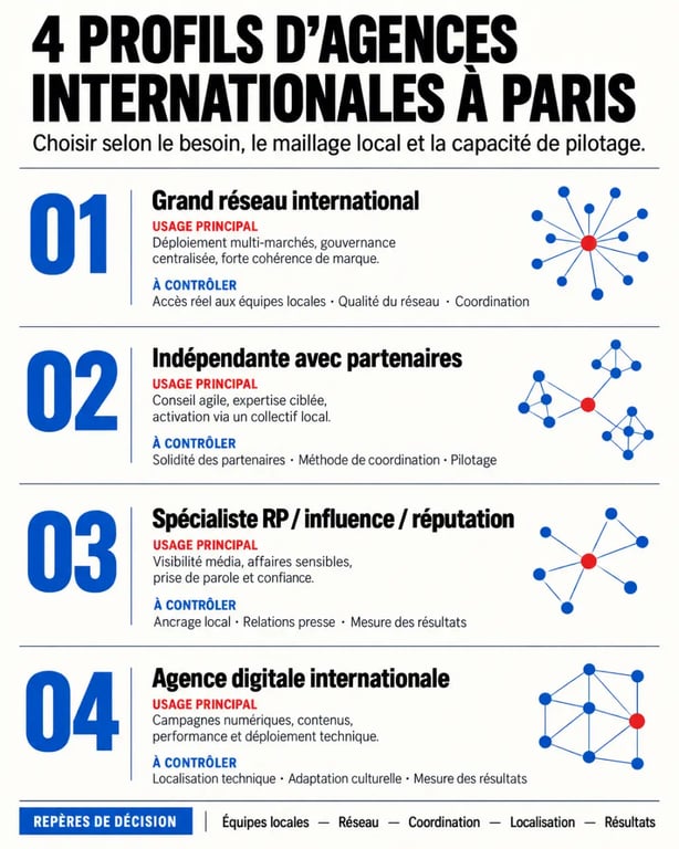 Infographie pour choisir une agence de communication internationale à Paris selon son profil et sa couverture locale