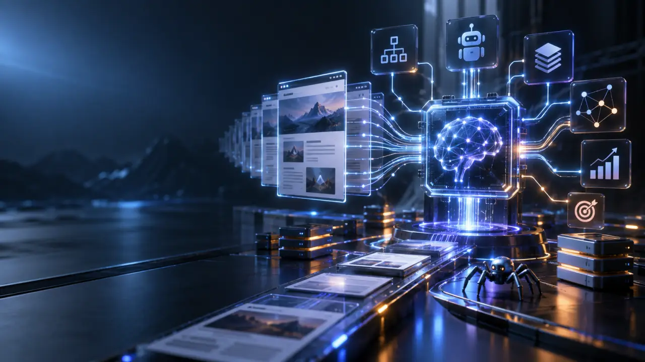 Interface sombre représentant l’analyse SEO et l’indexation IA d’un site