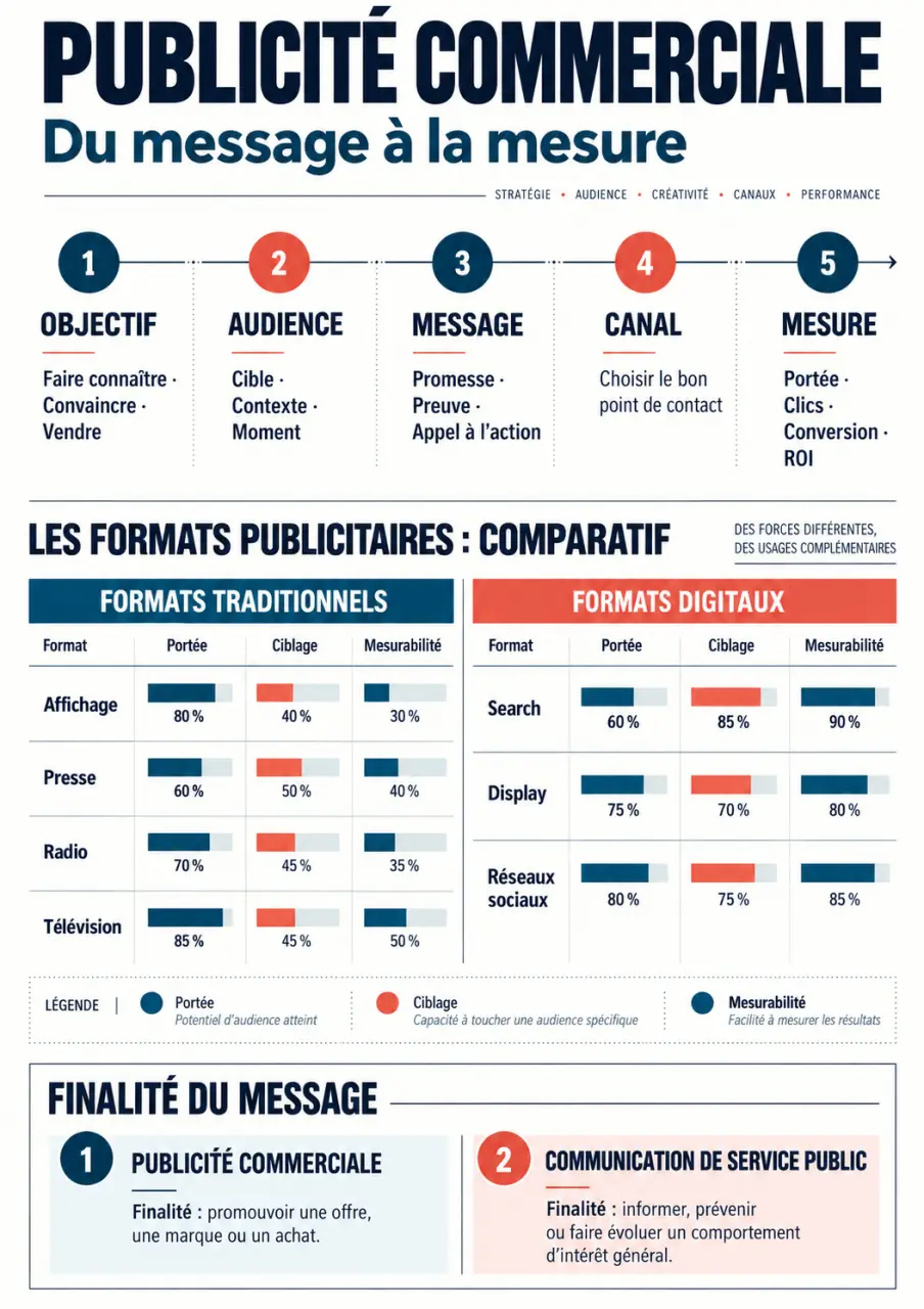 Infographie sur la publicité commerciale, ses objectifs, ses supports et sa mesure