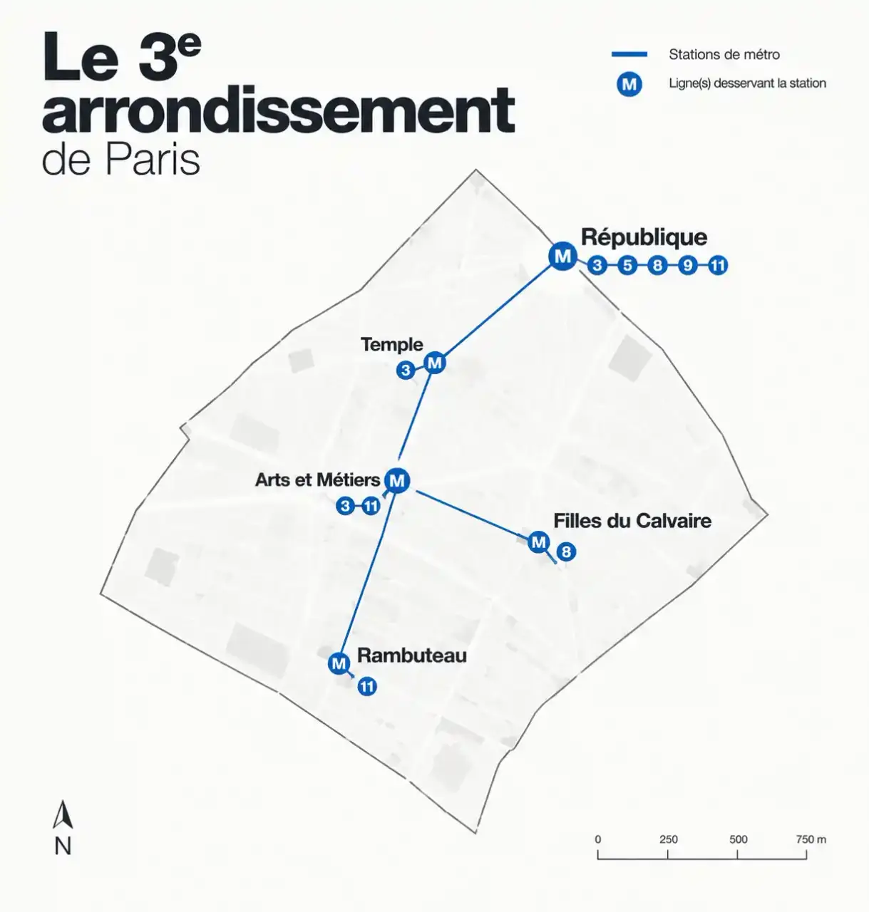 Carte des stations de métro desservant le 3e arrondissement pour choisir une agence marketing Paris 3