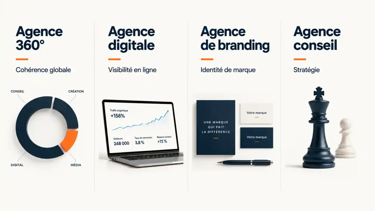Comparaison des types d'agence de communication à Lyon et Paris : agence 360°, digitale, branding et conseil