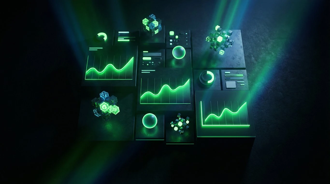 Composition bento futuriste avec graphiques de performance vert néon