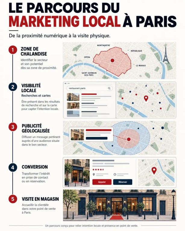 Infographie sur les leviers d'une agence marketing local Paris, de la visibilité à la visite en magasin