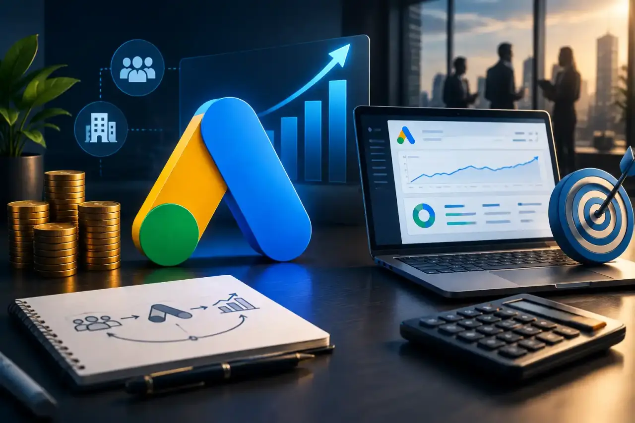 Tableau de bord sombre présentant la performance d'une campagne Google Ads B2B