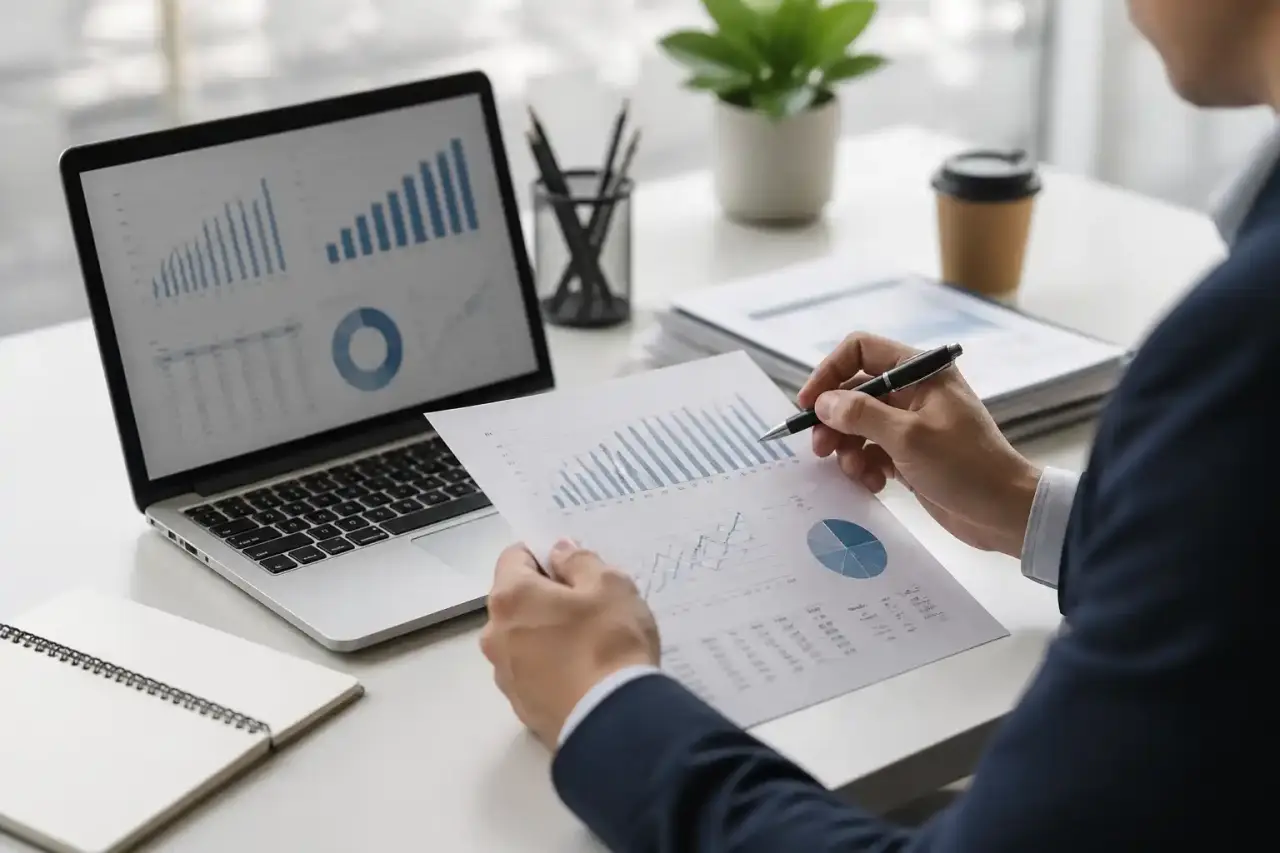 Composition bento futuriste sur fond sombre illustrant la performance marketing B2B