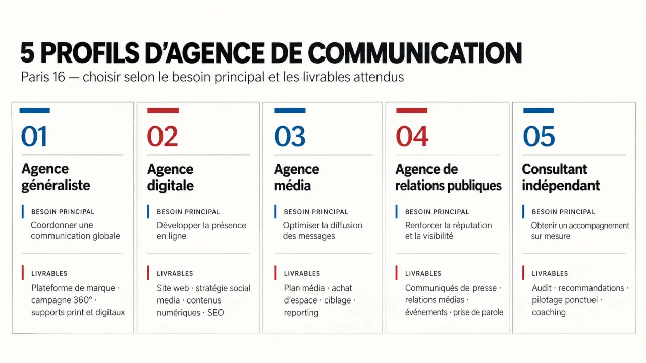 Infographie des profils d’une agence de communication Paris 16 et de leurs prestations